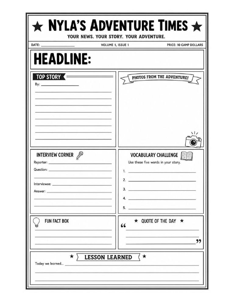 Preview of the Nyla's Adventure Times (Print-friendly) printable worksheet