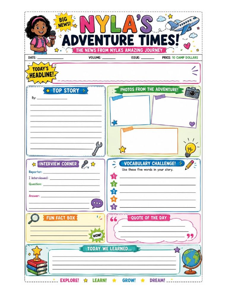 Preview of the Nyla's Adventure Times (Colour) printable worksheet