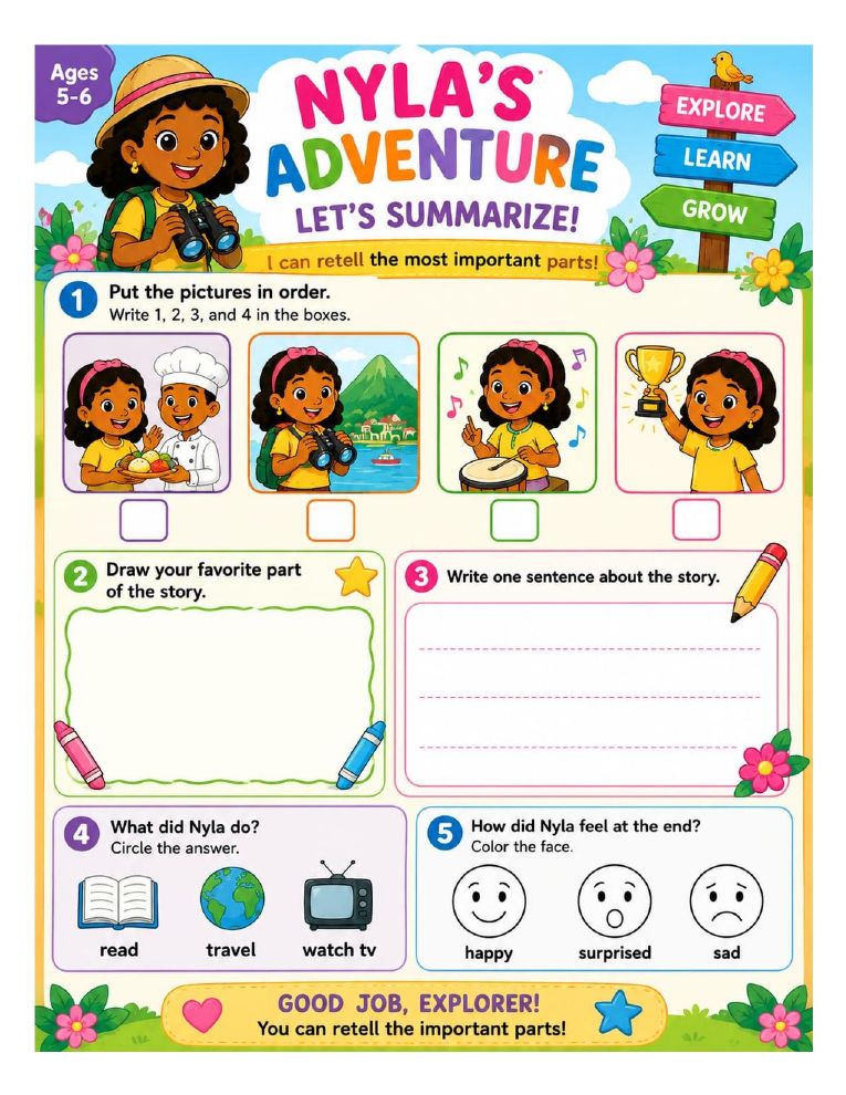 Preview of the Nyla's Adventure — Let's Summarize! printable worksheet